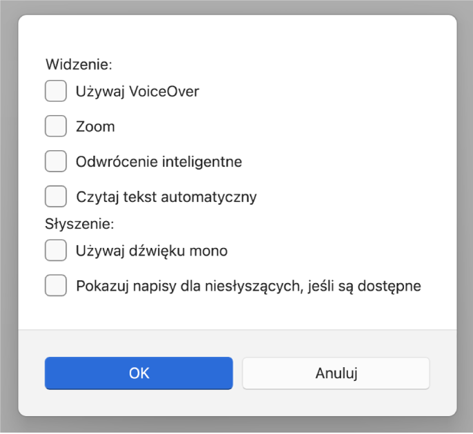 Funkcje dostępności w aplikacji urządzenia Apple; wyświetlane opcję to: Używaj VoiceOver, Zoom, Odwrócenie inteligentne, Czytaj tekst automatyczny, Używaj dźwięku mono oraz Pokazuj napisy dla niesłyszących, jeśli są dostępne.