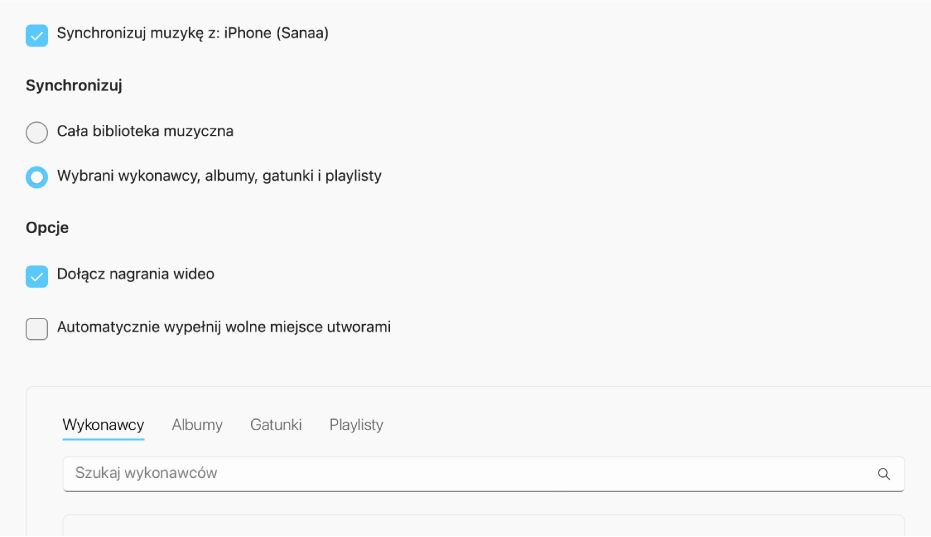 Okno aplikacji Urządzenia Apple wyświetlające opcje synchronizowania muzyki.