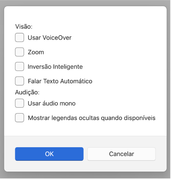 Recursos de acessibilidade no app Dispositivos Apple, mostrando opções para Usar VoiceOver, Zoom, Inversão Inteligente, Falar texto automático, “Usar áudio mono” e “Mostrar legendas opcionais quando disponíveis”.