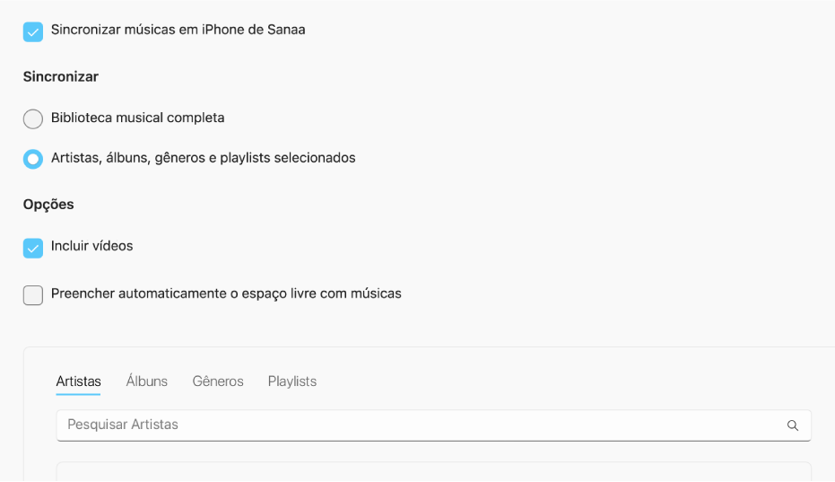 Janela de “Dispositivos Apple” mostrando opções de sincronização para músicas.