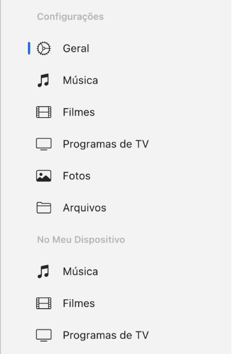 Barra lateral exibindo o botão Geral e botões para conteúdo como músicas, filmes, programas de TV e outros.