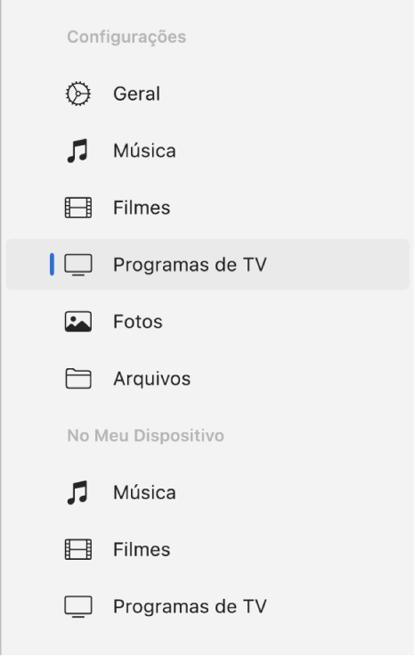Barra lateral mostrando a opção “Programas de TV” selecionada.