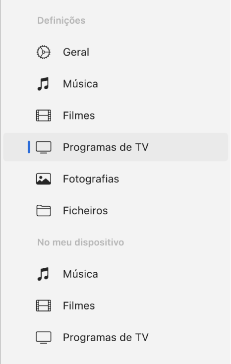 A barra lateral a mostrar a opção “Programas de TV” selecionada.