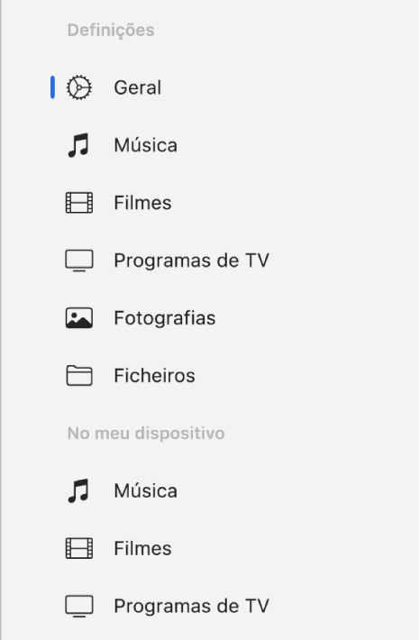 A barra lateral a mostrar o botão Geral e os botões para conteúdos como música, filmes, programas de TV, etc.