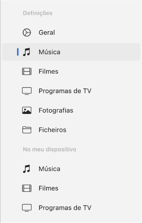 A barra lateral a mostrar a opção “Música” selecionada.