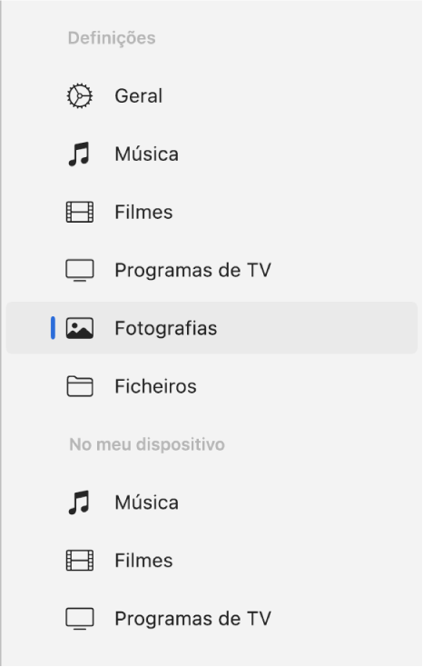 A barra lateral a mostrar a opção “Fotografias” selecionada.