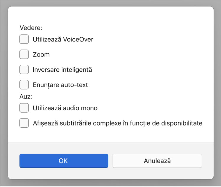 Funcționalitățile de accesibilitate din aplicația Apple Devices afișând opțiunile Utilizează VoiceOver, Zoom, Inversare inteligentă, Enunțare automată text, “Utilizează audio mono” și “Afișează subtitrările complexe în funcție de disponibilitate”.
