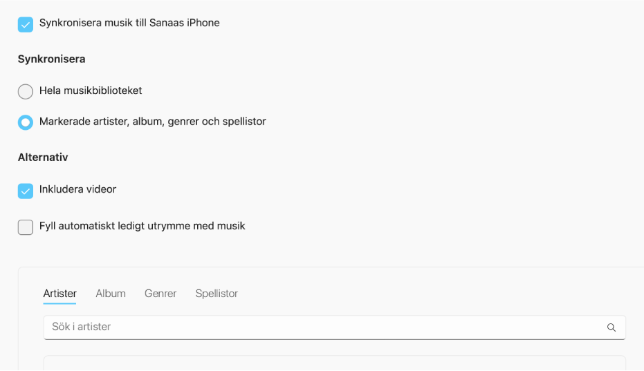 Apple Devices-fönstret visar alternativet för synkronisering av musik.
