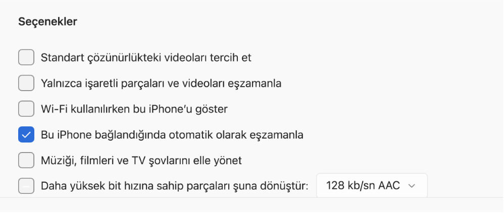 Apple aygıtınızı ve Windows bilgisayarınızı eşzamanlama seçenekleri. “Bu iPhone bağlandığında otomatik olarak eşzamanla” işaretlenir.