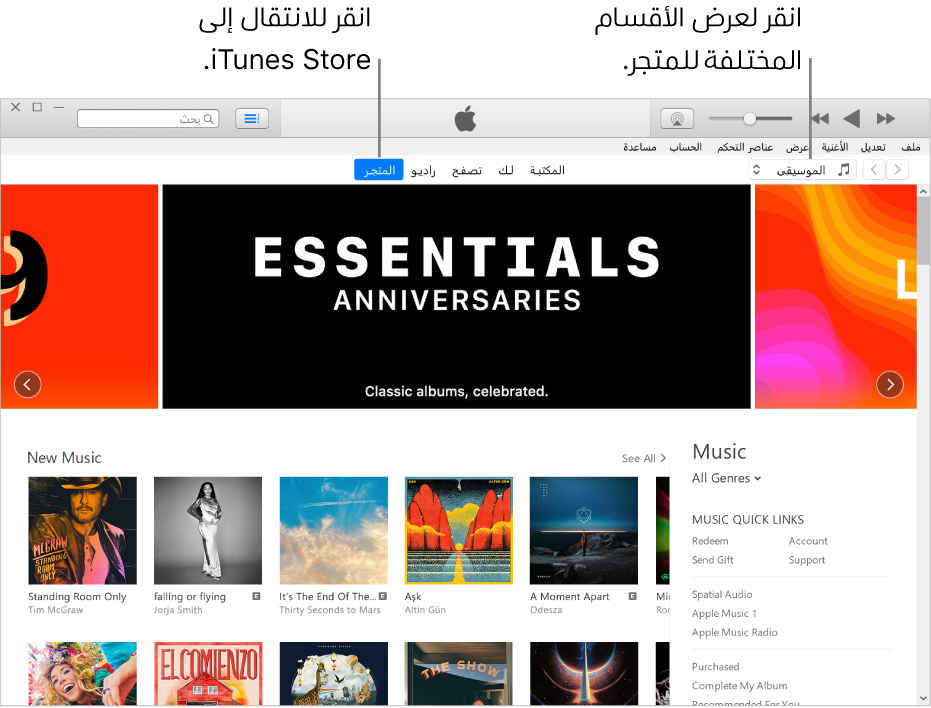 نافذة iTunes Store الرئيسية: في شريط التنقل، يتم تمييز المتجر. في الزاوية العلوية اليمنى، اختر لعرض محتوى مختلف في المتجر (مثل الموسيقى أو التلفاز).