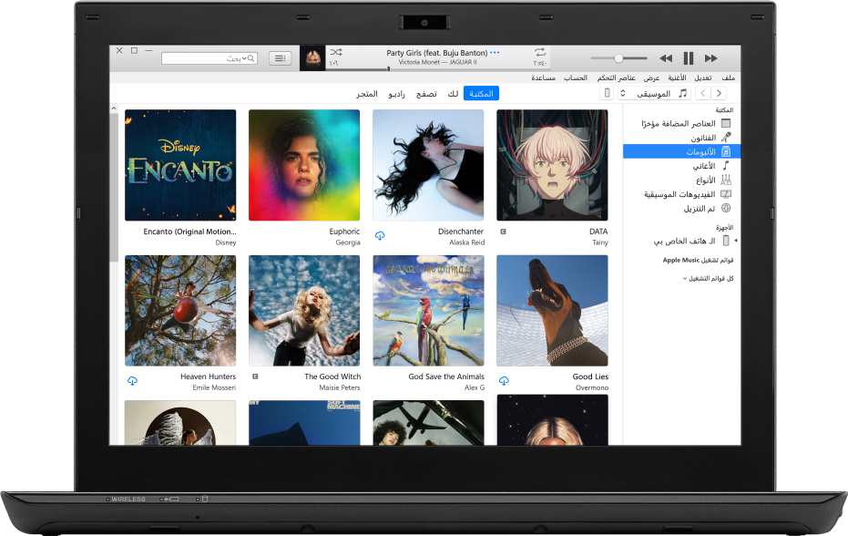 نافذة iTunes وبها مكتبة تضم عدة ألبومات.