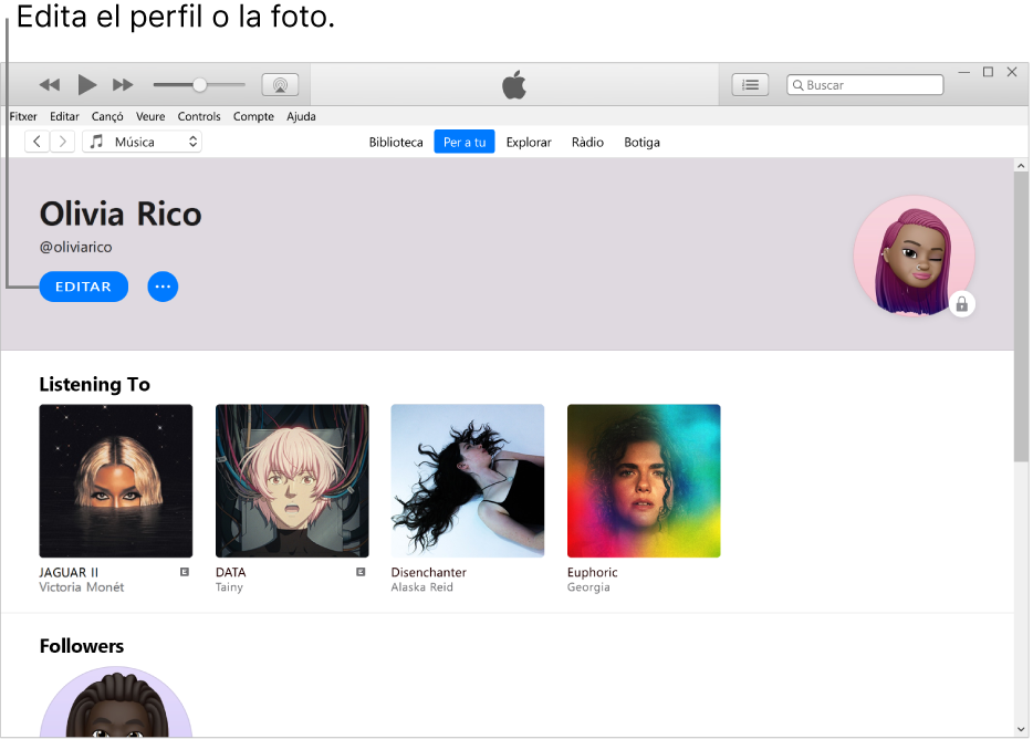 La pàgina de perfil de l’Apple Music: A l’angle superior esquerre, a sota del nom, fes clic a “Editar” per editar el perfil o la foto.