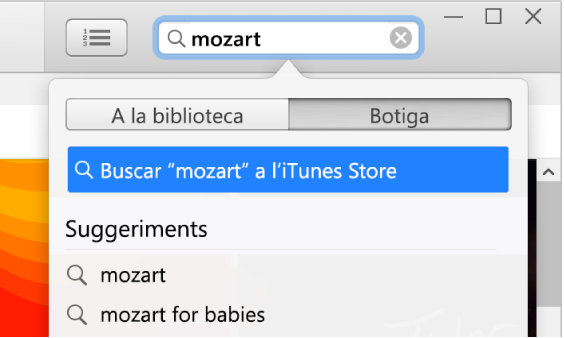El camp de cerca amb el text “Mozart” introduït L’opció “Botiga” seleccionada al menú desplegable dels resultats de cerca.