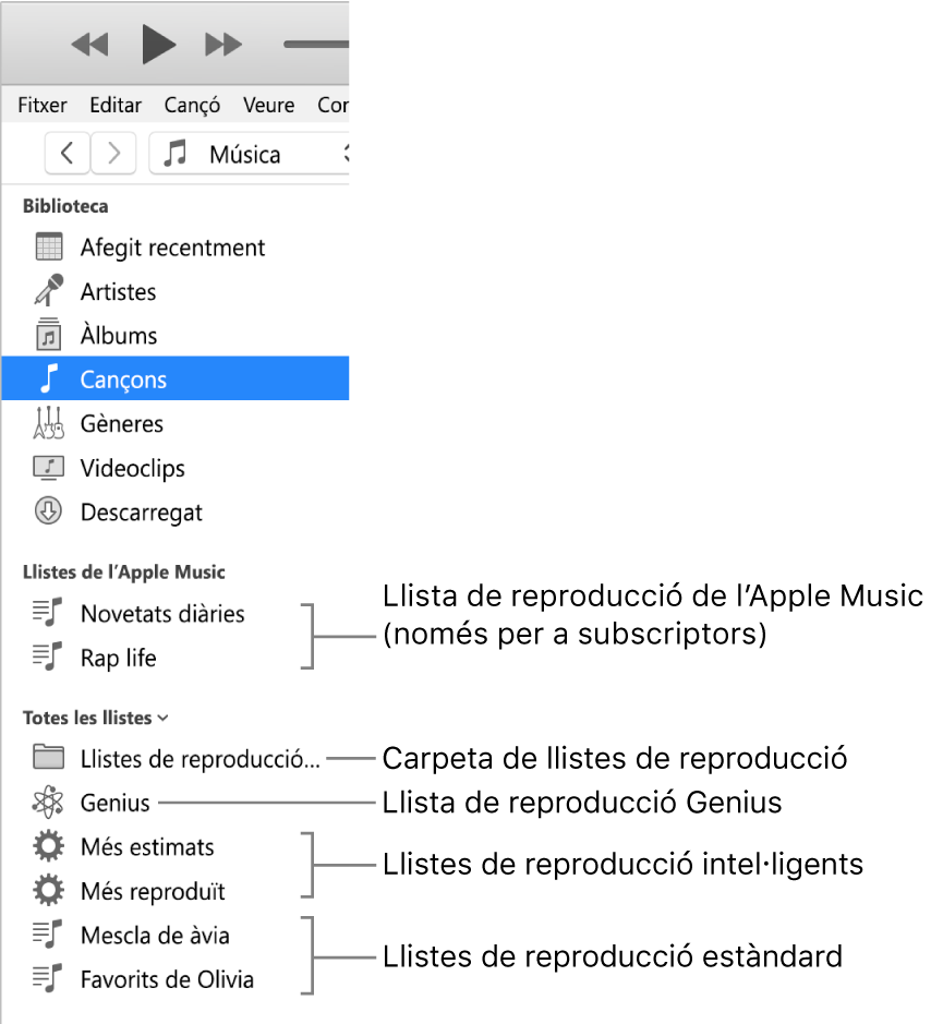 La barra lateral de l’iTunes, on es mostren els diversos tipus de llistes de reproducció: Llistes de reproducció de l’Apple Music (només per a subscriptors), Genius, intel·ligents i estàndard, i una carpeta de llistes de reproducció.