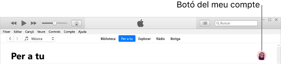 La pàgina “Per a tu” de l’Apple Music: A la cantonada superior dreta hi ha el botó “El meu compte”.