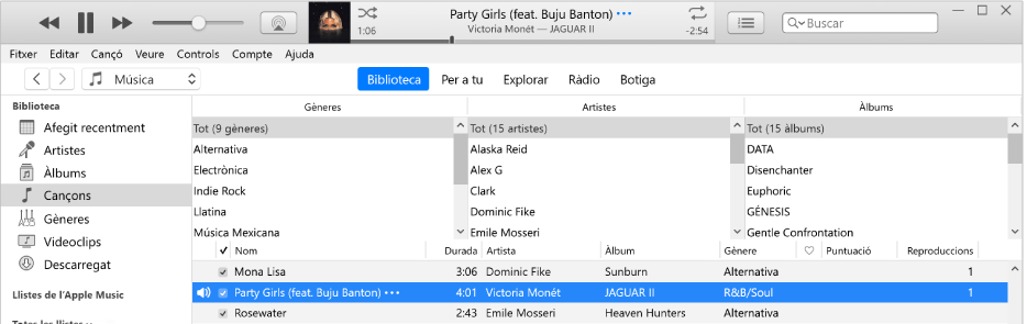 Finestra principal de l’iTunes: el navegador de columnes és a la dreta de la barra d’eines i a sobre de la llista de cançons.