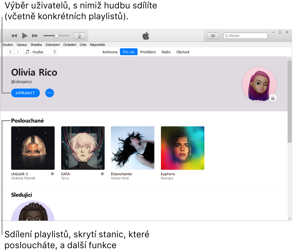 Profilová stránka v Apple Music: V levém horním rohu se pod vaším jménem nachází volba Upravit. Když na ni kliknete, můžete vybrat uživatele, s nimiž chcete sdílet hudbu. Pod záhlavím Co poslouchám jsou uvedená všechna alba, která posloucháte. Po kliknutí na tlačítko Více můžete skrýt stanice, které posloucháte, sdílet playlisty apod.