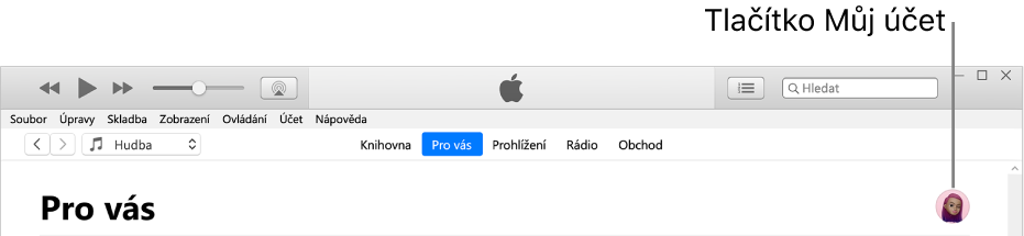 Stránka Pro vás v Apple Music. V pravém horním rohu se nachází tlačítko Můj účet.