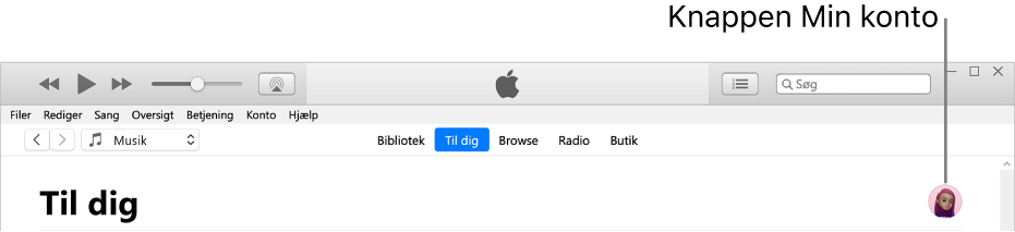 Siden Til dig i Apple Music: I det øverste højre hjørne ses knappen Min konto.