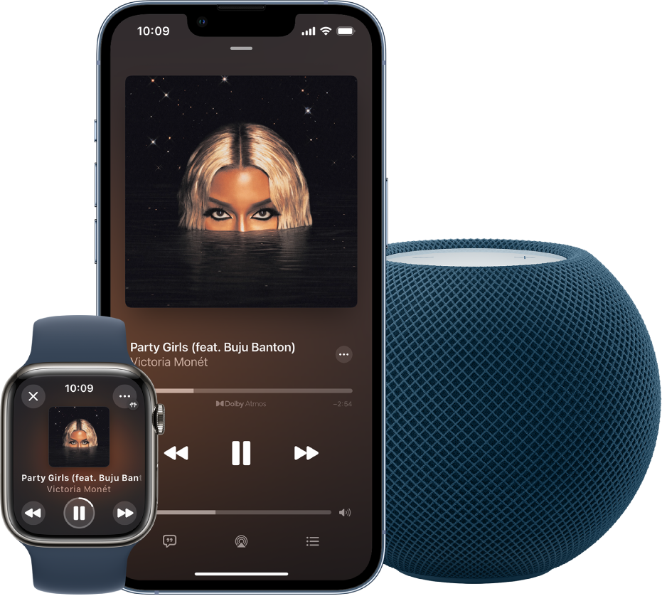 Darstellung eines Musiktitels auf Apple Music, der auf einer Apple Watch, einem iPhone und einem HomePod mini abgespielt wird.