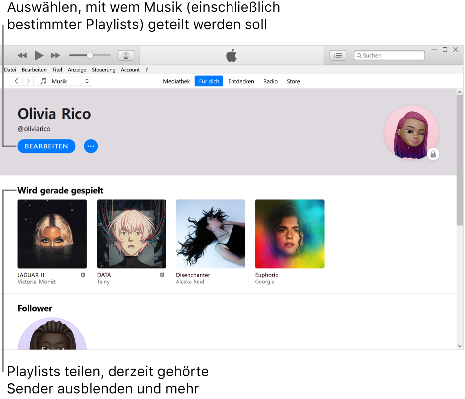 Die Profilseite in Apple Music: Klicke oben links unter deinem Namen auf „Bearbeiten“ und lege fest, mit wem du Musik teilen möchtest. Unter „Hört gerade“ werden alle Alben angezeigt, die du dir anhörst, und du kannst auf die Schaltfläche „Mehr“ klicken, um Sender auszublenden, die du hörst, um Playlists zu teilen und vieles mehr.