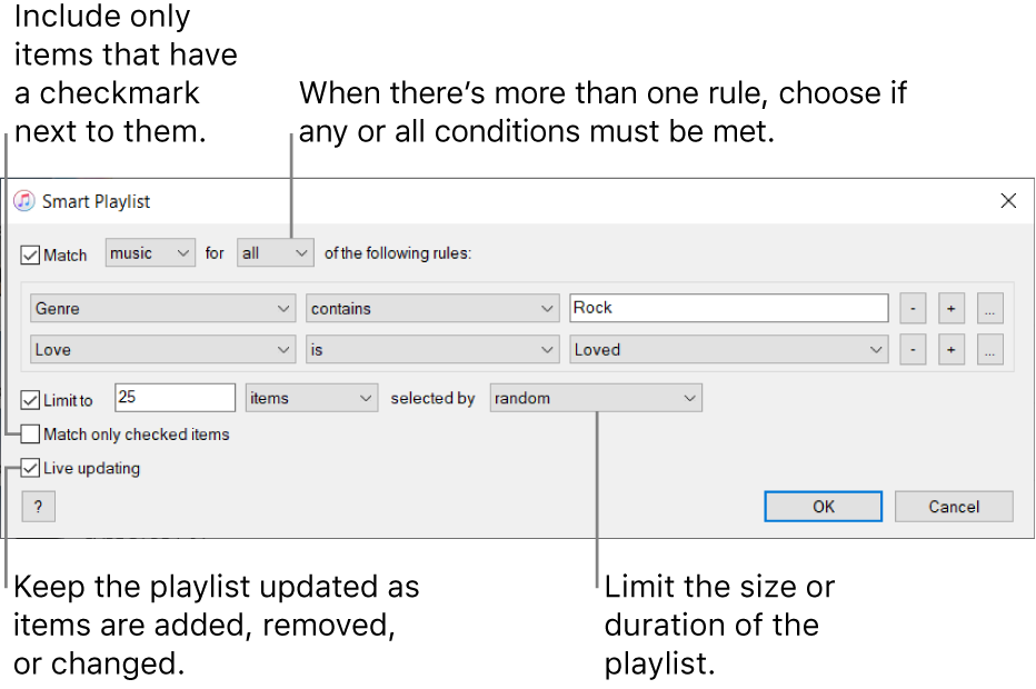 The Smart Playlist window: In the upper-left corner, select Match, then specify the playlist criteria (such as genre or love). Continue to add or remove rules; when there’s more than one rule, choose if any or all of the conditions must be met. Select various options in the lower portion of the window such as limiting the size or duration of the playlist, including only songs that are checked, or having iTunes update the playlist as items in your library change.