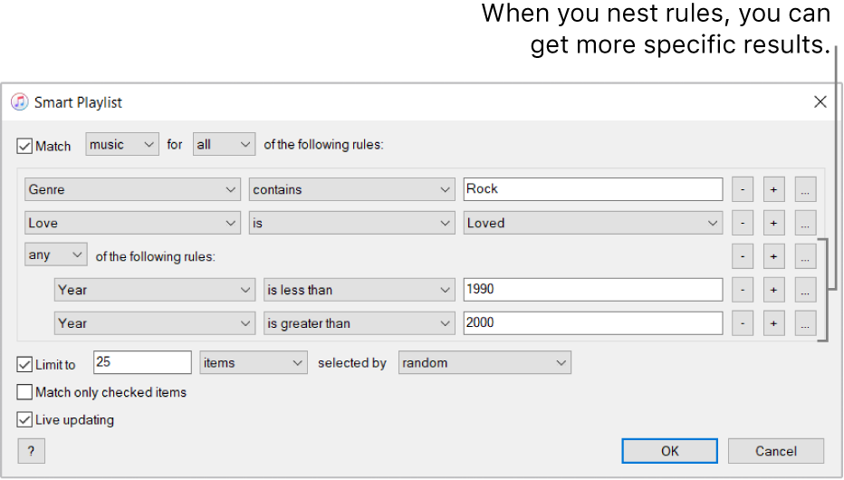 The Smart Playlist window: Use the Nest button on the right to create additional, nested rules to get more specific results.