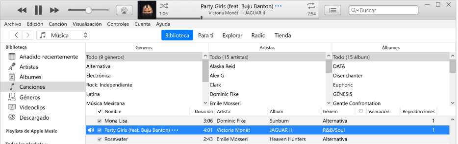 La ventana principal de iTunes: El navegador de columnas está a la derecha de la barra lateral y encima de la lista de canciones.