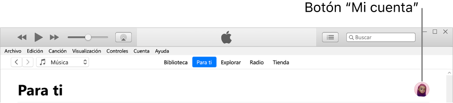 Página “Para ti” en Apple Music: En al esquina superior derecha se encuentra el botón “Mi cuenta”.