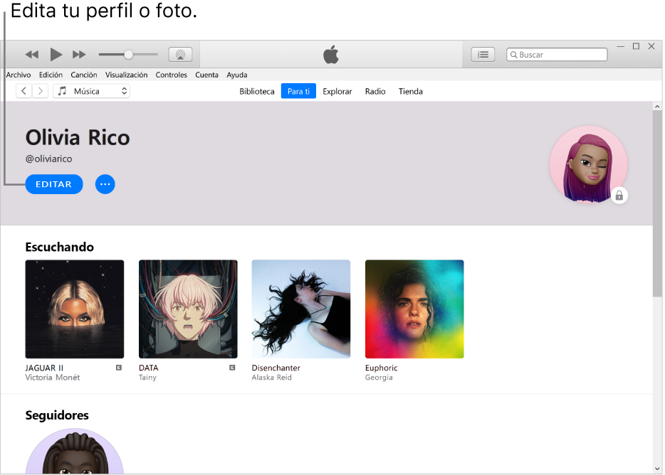 La página de perfil de Apple Music: en la esquina superior izquierda (debajo de tu nombre), selecciona Editar para editar tu perfil o tu foto.