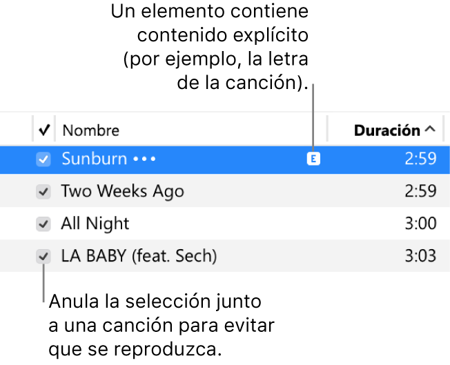 Detalles de la vista Canciones en la app Música, en el lado izquierdo hay casillas de verificación, y la primera canción tiene el símbolo de contenido explícito que indica que la canción tiene contenido explícito, por ejemplo, la letra. Anula la selección junto a una canción para evitar que se reproduzca.