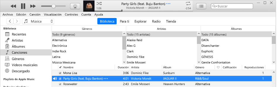 La ventana principal de iTunes: el explorador de columnas está a la derecha de la barra lateral y arriba de la lista de canciones.