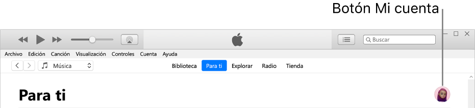 La página Para ti en Apple Music: En la esquina superior derecha está el botón Mi cuenta.
