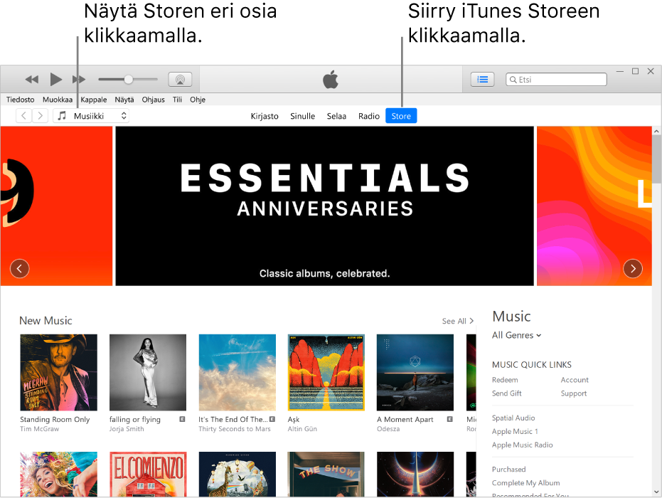 iTunes Storen pääikkuna: Store on korostettu selauspalkissa. Vasemmassa yläkulmassa voit valita, millaista Storen sisältöä (kuten musiikkia tai TV-ohjelmia) haluat tarkastella.