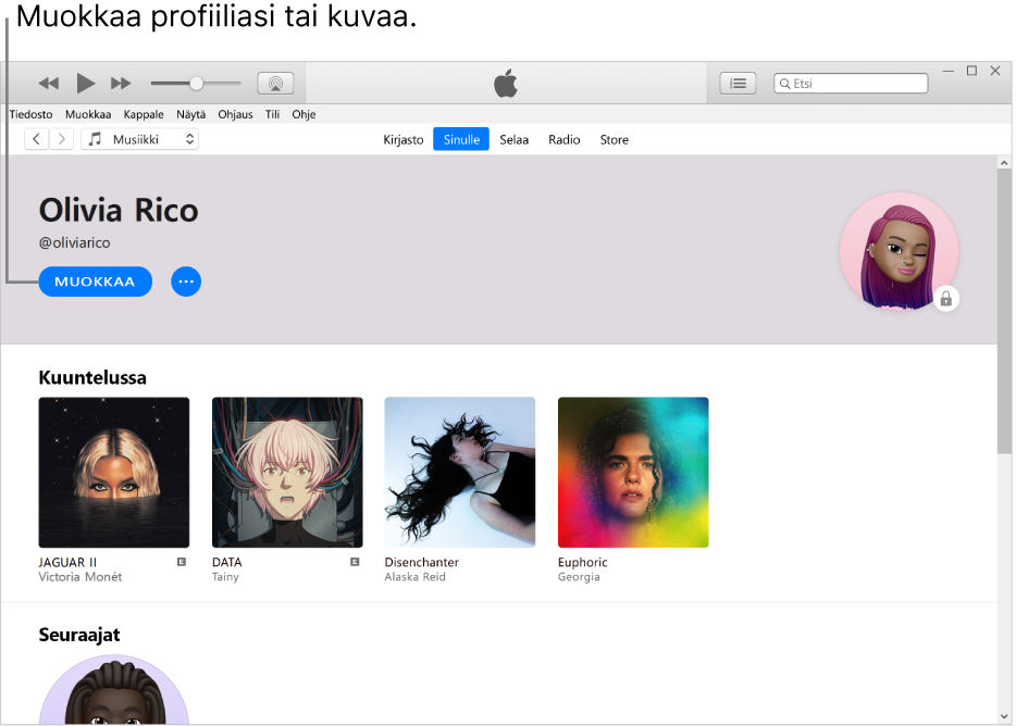 Profiilisivu Apple Musicissa: Klikkaamalla vasemmassa yläkulmassa nimesi alla Muokkaa voit muokata profiiliasi tai kuvaasi.