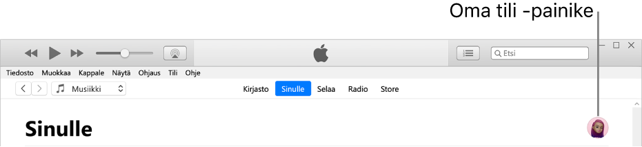 Sinulle-sivu Apple Musicissa: Oikeassa yläkulmassa on Oma tili -painike.