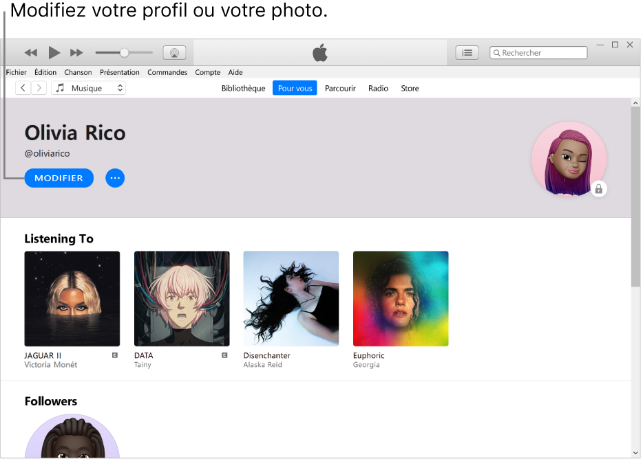 La page de profil dans Apple Music : Dans le coin supérieur gauche, sous votre nom, cliquez sur Modifier afin de modifier votre profil ou votre photo.
