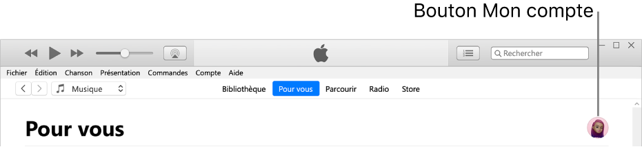 La page Pour vous dans Apple Music : Dans le coin supérieur droit se trouve le bouton Mon compte.