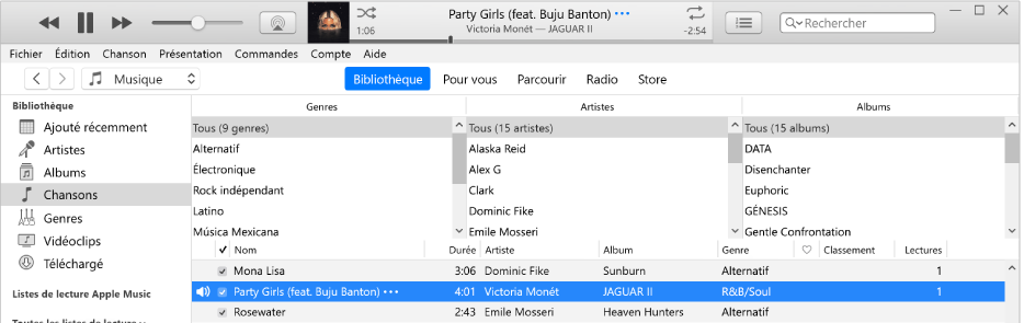La fenêtre principale d’iTunes : Le navigateur par colonne se trouve à droite de la barre latérale et au-dessus de la liste des chansons.