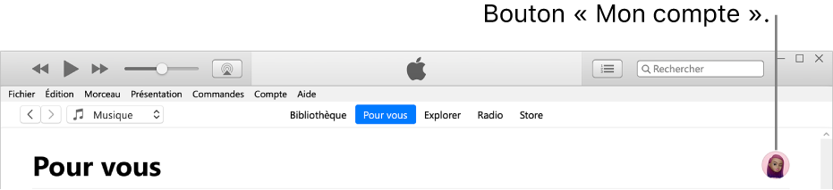 La page Pour vous dans Apple Music : Dans le coin supérieur droit se trouve le bouton « Mon compte ».