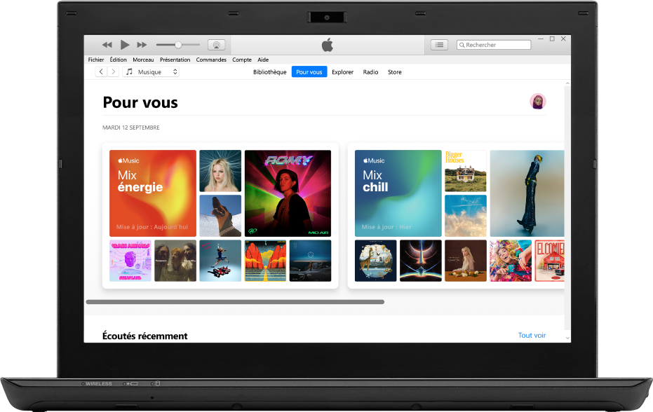 Un PC affichant la section Pour vous d’Apple Music.