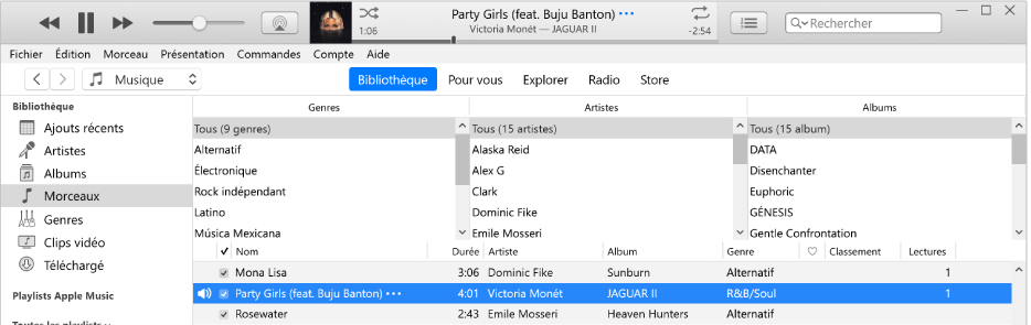 La fenêtre principale d’iTunes : Le navigateur par colonne se trouve à droite de la barre latérale et au-dessus de la liste des morceaux.