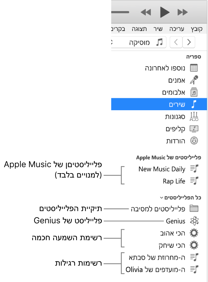 סרגל הצד של iTunes עם הסוגים השונים של רשימות: רשימות Apple Music (למנויים בלבד), רגילות, חכמות ו‑Genius, וכן תיקיית רשימות.