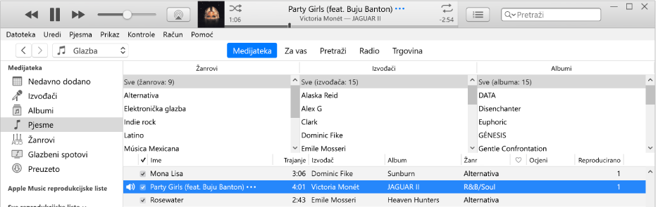 Glavni prozor aplikacije iTunes: Preglednik stupaca nalazi se s desne strane rubnog stupca i iznad popisa pjesama.