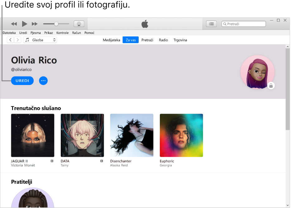 Stranica profila na usluzi Apple Music: U gornjem lijevom kutu ispod svog imena odaberite Uredi za uređivanje svog profila ili fotografije.
