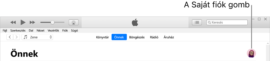Az Önnek oldal az Apple Musicban: A jobb felső sarokban található a Saját fiók gomb.