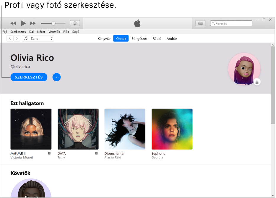 Az Apple Music-profiloldal: A neve alatt a bal felső sarokban a Szerkesztés lehetőségre kattintva szerkesztheti a profilt, saját fotóját.