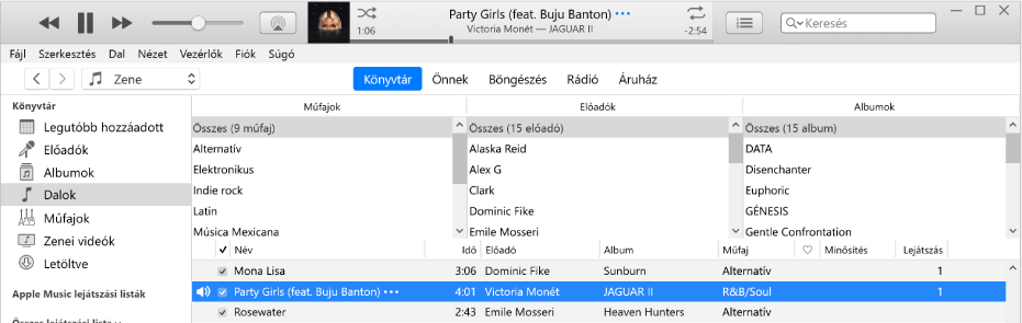 Az iTunes fő ablaka: Az oszlopböngésző az oldalsáv jobb oldalán és a dalok listája felett látható.