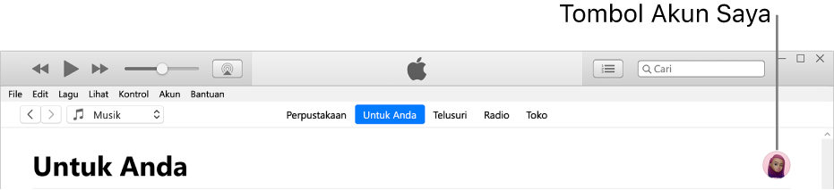Halaman Untuk Anda di Apple Music: Di pojok kanan atas, terdapat tombol Akun Saya.