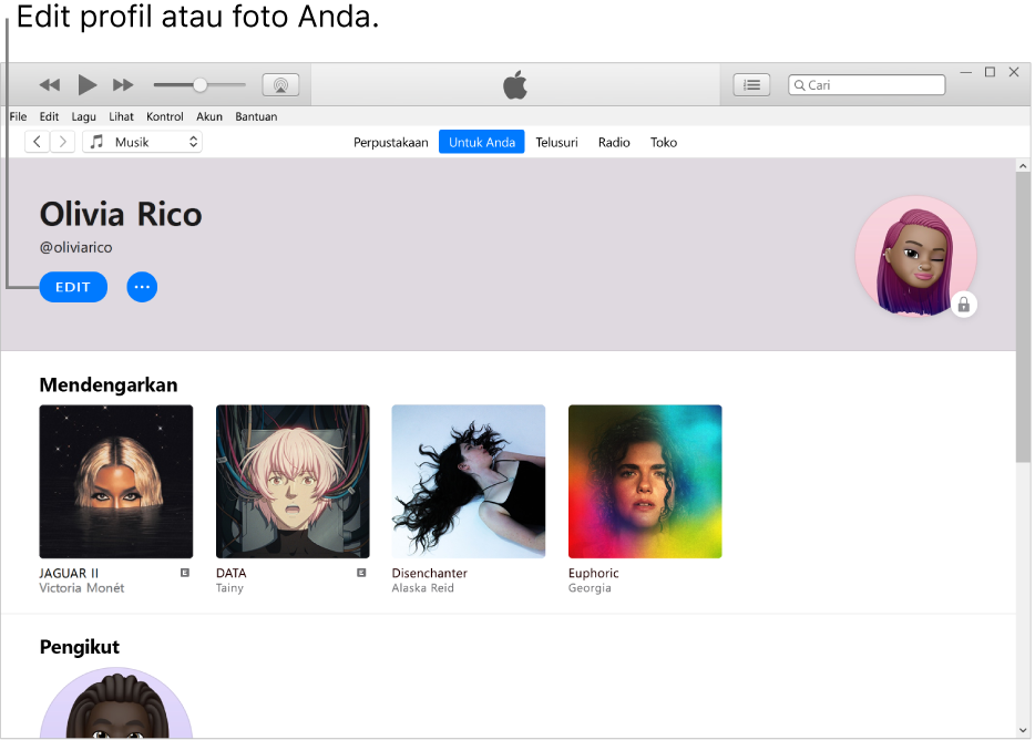 Halaman profil di Apple Music: Di pojok kiri atas di bawah nama Anda, klik Edit untuk mengedit profil atau foto.
